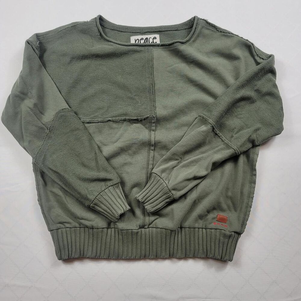 Peace Love World French Terry Contrast Patch Sweatshirt Olive Green Womens XS